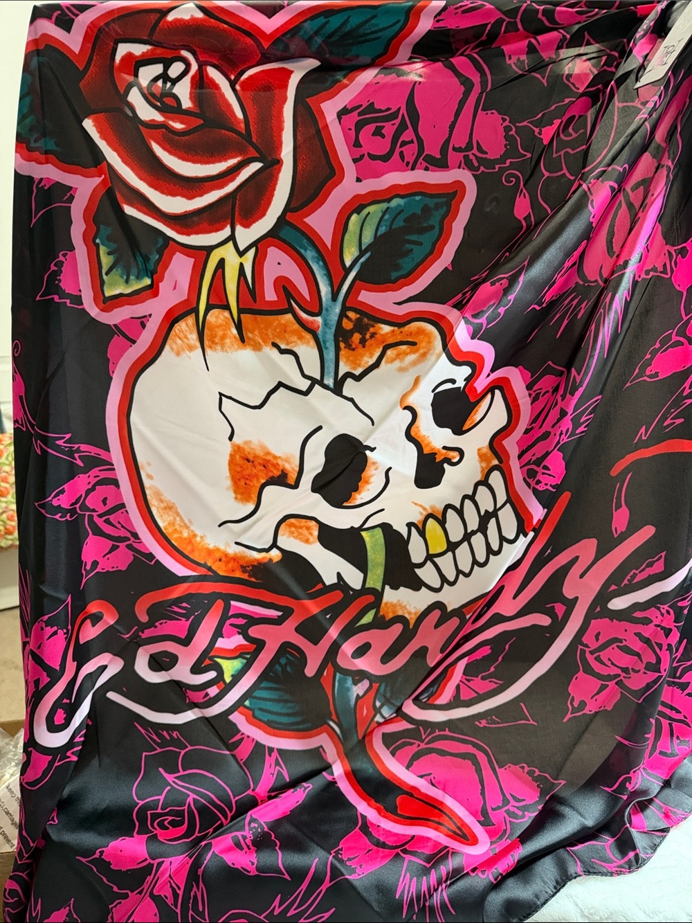 Ed Hardy Black Pink White Orange Skull & Rose Graphic Tapestry